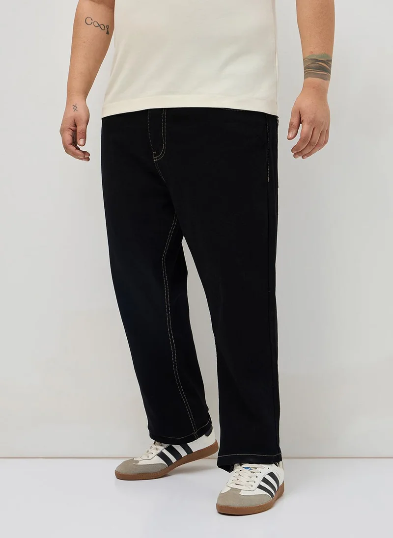 أوربانو فاشن Urbano Plus Men's Black Straight Fit Heavy Washed Denim Jeans Stretchable